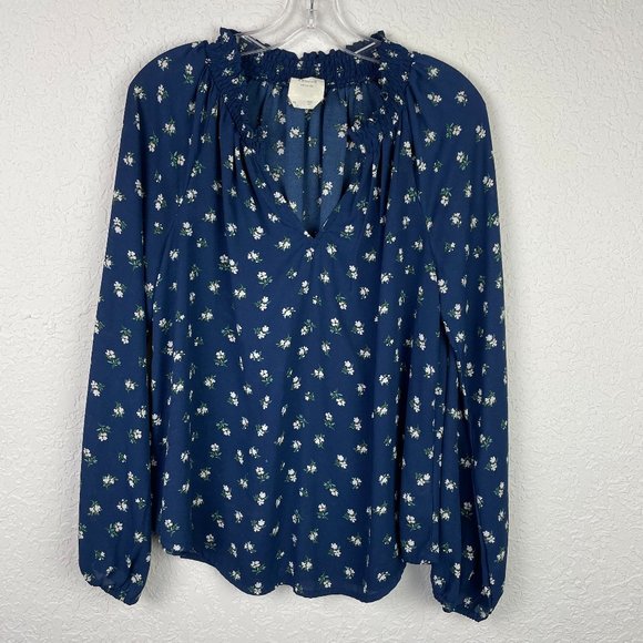 HARPER HERITAGE Womens M Blue Floral Smocked V-Neck Peasant Boho Blouse - Picture 2 of 10